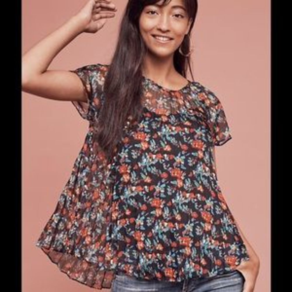 41. Eva Franco Anthropologie Peasant Floral Blouse Pleated Polyester Semi Sheer